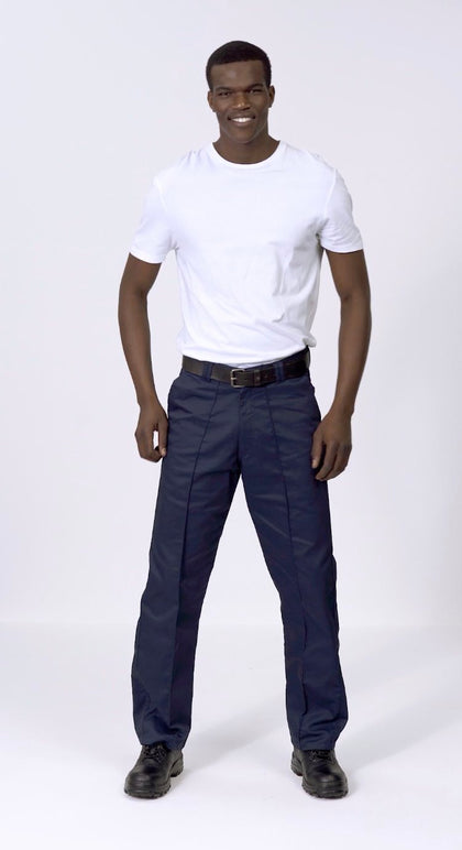 Workman wearing workwear trousers and plain white tee. Custom Printing Available.